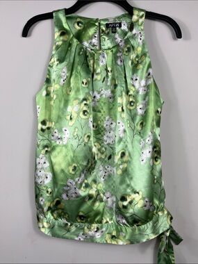 Apt 9 Green Floral Satin Sleeveless Blouse Petite Medium Tie Hem